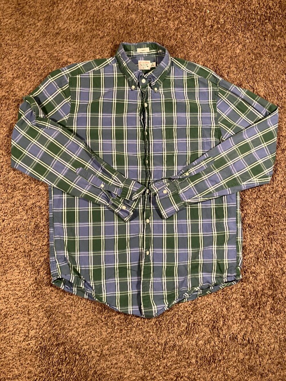 J.Crew Secret Wash Classic Shirt Mens M Green Blue Plaid 100% Cotton Button Down